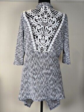 Size XL Marled Knit Open Front Cardigan with Crochet Lace Back